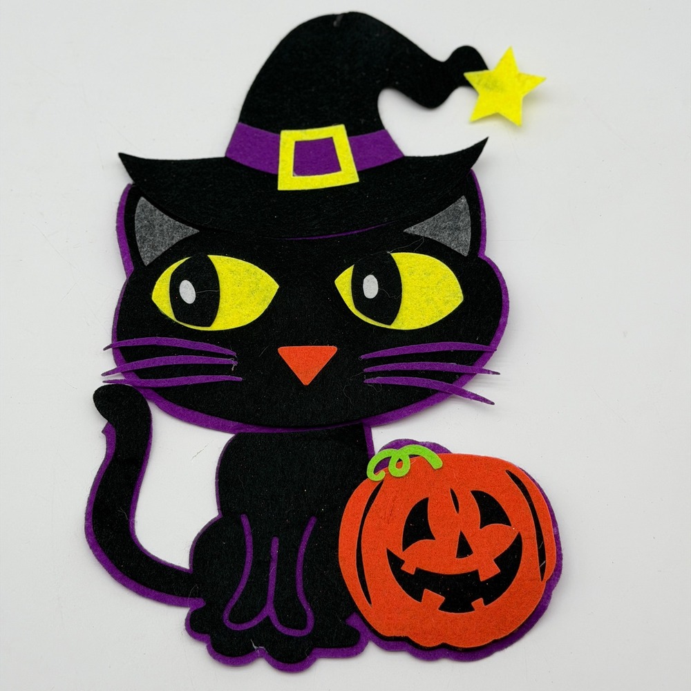 Halloween Black Cat Felt Wall Hanging Decor Witch Hat Pumpkin 13.5 Inch
